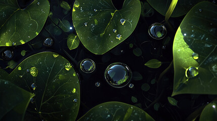 Poster -   A collection of emerald foliage adorned with droplets of water