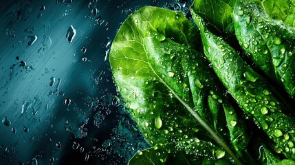 Wall Mural -   Close-up of lush green foliage with droplets on leaves against dark azure backdrop
