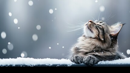 Wall Mural -   A close-up of a cat lying on a snow-covered surface with snowfall on its sides