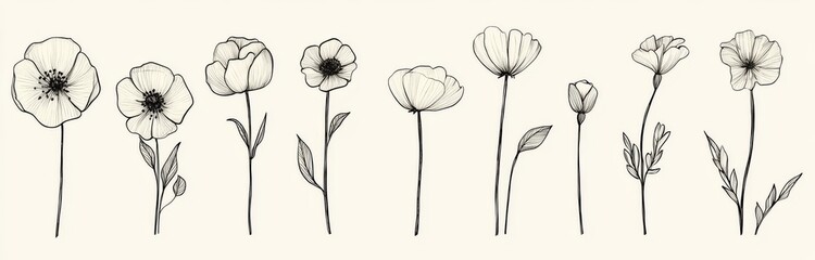 Wall Mural - A compact set of minimalist flower tattoos. Modern illustration showcasing wildflowers drawn by hand. Contemporary abstract plant art in charcoal or crayon style. Pencil-drawn floral elements