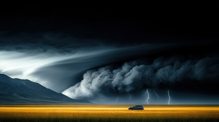 Wall Mural - a car in a grass field under a cloudy sky with lightning in the background