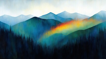 Wall Mural -   A breathtaking image depicts a majestic mountain range bathed in the radiant glow of a vibrant rainbow, emanating from the summit's peak in the background