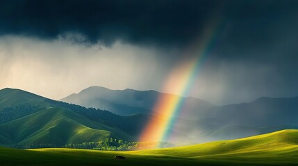 Wall Mural -   Rainbow glows against green mounts, while dark clouds loom in the back