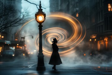 Poster - A person standing under a single streetlamp in an empty city, nervously glancing at movement in the shadows beyond the light