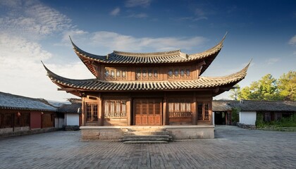 an ancient traditional chinese architecture with curved roof and wooden structure,  under a clear blue sky 