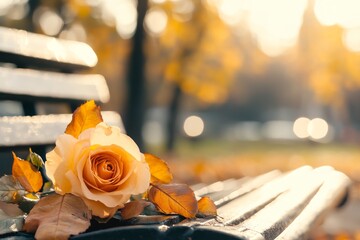 Poster - A single rose lying on an empty park bench, its petals beginning to wilt under the soft afternoon light