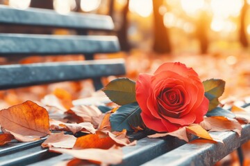 Poster - A single rose lying on an empty park bench, its petals beginning to wilt under the soft afternoon light
