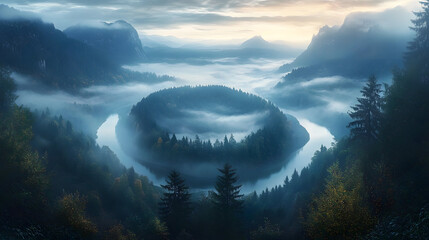 Wall Mural - A mystical scene of a ring of pine trees on a foggy mountainside, framing a dreamlike valley with softly glowing rivers and distant mountains.