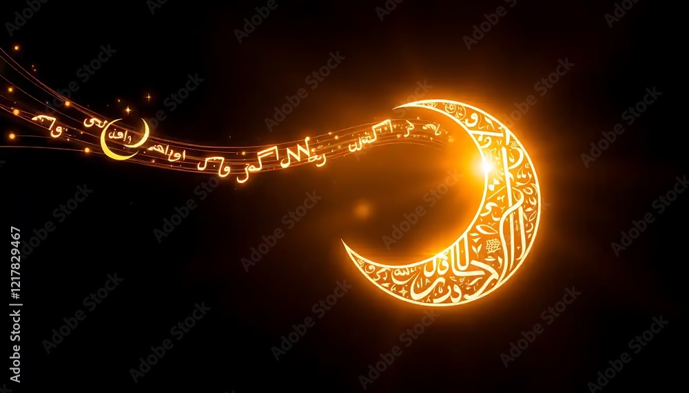 Glowing Crescent Moon Arabic Calligraphy Musical Notes Stock ...
