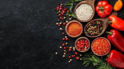 Wall Mural -   A variety of spices and seasonings on wooden spoons against a black background with a clean copy space in the center