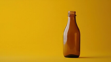 Wall Mural -   A brown bottle rests atop a yellow table, beside a black bottle capped with red