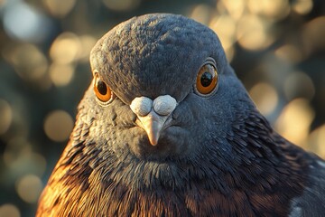 The pigeon displays rich feather colors and striking orange eyes against a blurred warm background, suggesting a setting sun. Generative AI