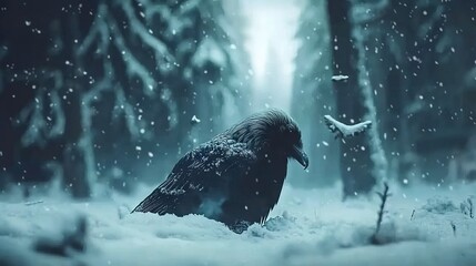 Canvas Print -   Black bird in snowy forest with foreground and background birds