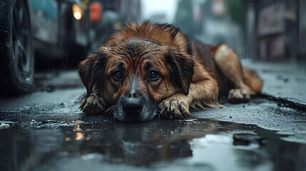 Wall Mural - Close-up of a hungry, abandoned dog, soaked from the rain, lying on a desolate street, highlighting the importance of animal welfare and rescue efforts