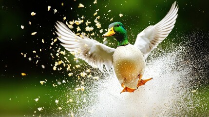 Wall Mural -   A mallard takes off from the water with its wings spread and lands on its back legs and feet