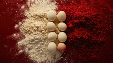 Wall Mural -   A group of eggs resting on top of a red counter with flour surrounding them