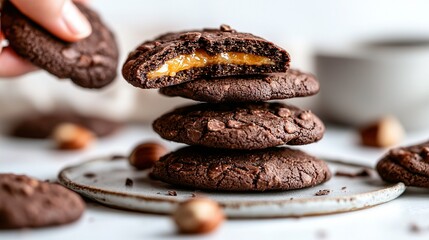 Wall Mural -   A stack of chocolate cookies with a bite taken out of one cookie