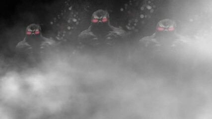 Wall Mural - alien beings with glowing red eyes in fog 4k loop features three dark alien like creatures with red 