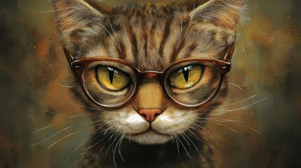 Wall Mural - tabby cat with glasses, looking intellectual and serious, perfect for illustrating humorous and quirky character