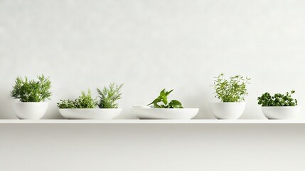 Wall Mural -  White bowls on white shelf, various plant species