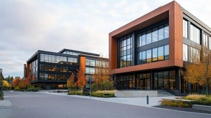 Wall Mural - Modern Office Buildings Surrounded by Colorful Autumn Foliage in an Urban Setting