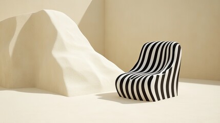 Wall Mural - Stylish Black and White Striped Armchair in a Minimalist Setting