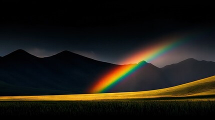 Wall Mural - a rainbow illuminates the sky above a field of grass and a distant mountain range
