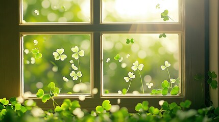 Poster -   A close-up of a window with a green plant in the foreground