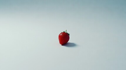 Wall Mural -   A single strawberry on white, reflecting light at bottom