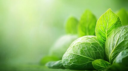 Wall Mural -   A cluster of emerald leaves resting on a verdant table with droplets of water on a lush green surface