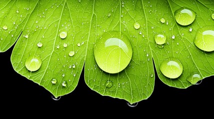 Wall Mural -   A black background highlights the contrast of a green leaf with droplets of water on its leaves in this close-up image