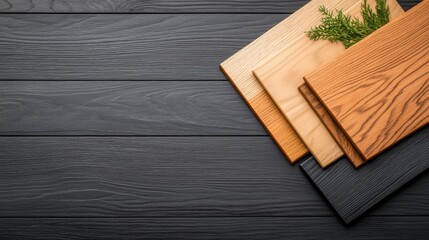 Wall Mural - Different Types of Wood Samples with Green Element on Dark Wooden Surface for Interior Design and Decoration