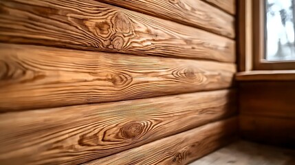 Rustic wood wall interior, cabin corner, window view, home decor