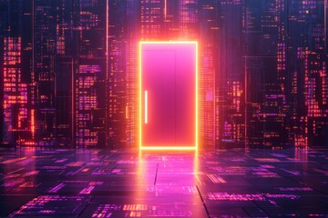 An isometric landing page highlighting new opportunities. Binary digital code streams through an open door, bathed in neon light on a futuristic setting. Human existence will transform forever with