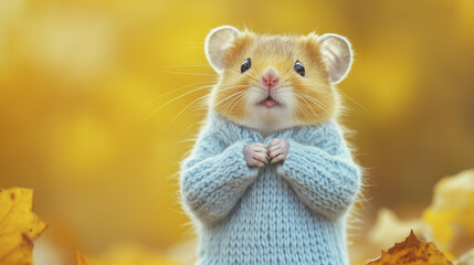 Wall Mural - In a sweater. Hamster, jacket, yellow, background cute, blurry,. Cute hamster with a blurry background. Cute hamster with a yellow jacket and a blurry background. Hamster lifestyle.