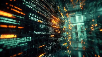 Artificial intelligence algorithm, close-up of code on a monitor, futuristic tech background