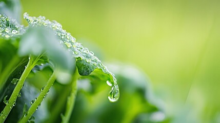 Wall Mural - a close-up photo of a lush green plant with droplets of water on its leaves against a hazy backgroun