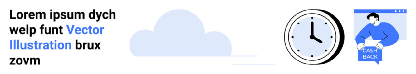 Cloud graphic, analog clock, person with an empty folder on a web interface. Ideal for productivity apps, time management, cloud services, web development, user interfaces, online storage, tech