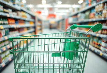 Green shopping cart with supermarket shelf blur background