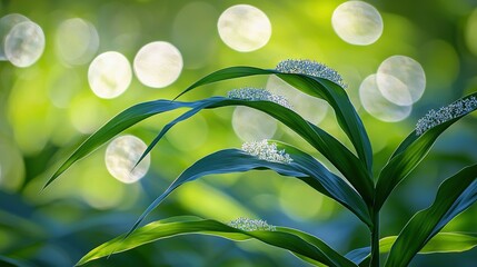 Wall Mural - a focused shot of a green plant with a hazy backdrop of sunlight and a hazy front view of foliage
