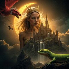 Wall Mural - a fantasy scene with a woman wearing a crown, a dragon flying above her, a castle in the background, and a green lizard in the foreground. The setting is illuminated by a large, glow