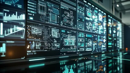Wall Mural - multiple computer screens displaying complex data, schematics, and information in a futuristic contr