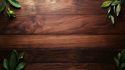 Aufkleber - Green leaves framing empty wooden table top view background