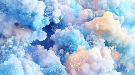 Romantic three dimensional digital rendering of multicolored clouds in blue cyan and white filled with love symbols and decorative patterns