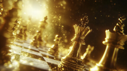 Golden chess pieces on a black background. Chess, board, dark, background glare, light, fog, play. Fog and light play glare in the fog. A dark board of chess with a glare and lifestyle background.