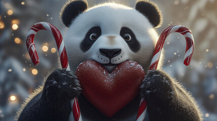 Wall Mural - Bear holding candy cane. Panda, snow, holds, sweets, , portrait, animal. Portrait of panda with heart and heart. Portrait of a panda holding a heart in the snow. A panda lifestyle bear holding a.