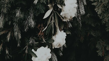 Wall Mural - Dark green foliage with white flowers hanging.