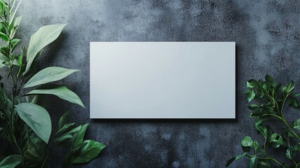 Aufkleber - White horizontal canvas mockup surrounded by green plants on dark concrete wall