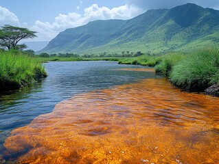 Unique  river with half clear and half orange water flows towards mountains