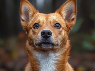 Wall Mural - close-up portrait of a brown dog with striking eyes in a forest setting